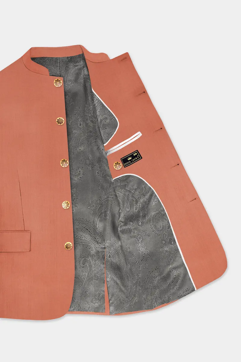 Spiced Sunset-Salmon Orange Solid Wool Rich Bandhgala Slight Stretch Suit 5