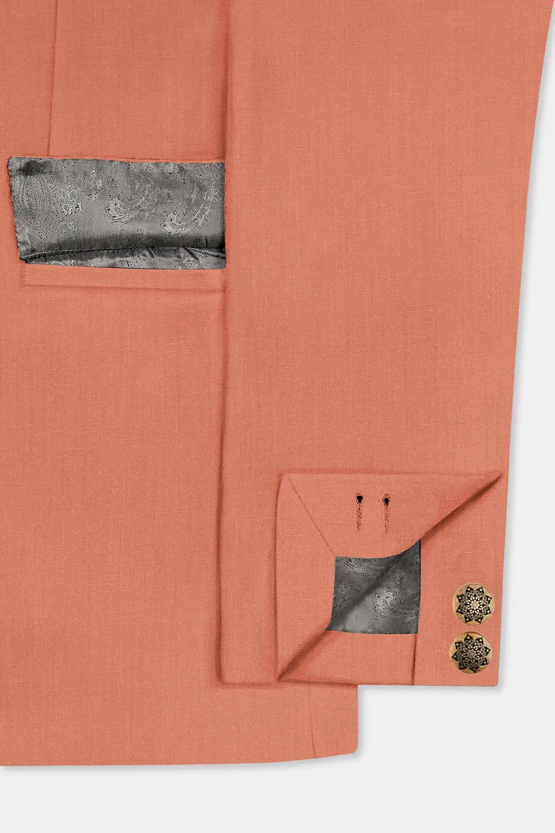 Spiced Sunset-Salmon Orange Solid Wool Rich Bandhgala Slight Stretch Suit 6