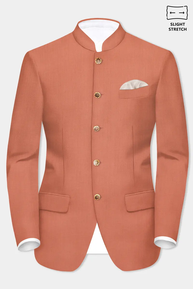 Spiced Sunset-Salmon Orange Solid Wool Rich Bandhgala Slight Stretch Suit 9
