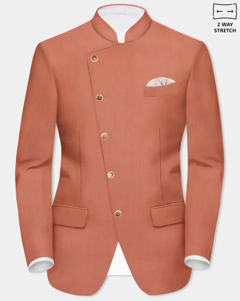 Spiced Sunset-Salmon Orange Solid Wool Rich Cross Placket Bandhgala Slight Stretch Blazer 1