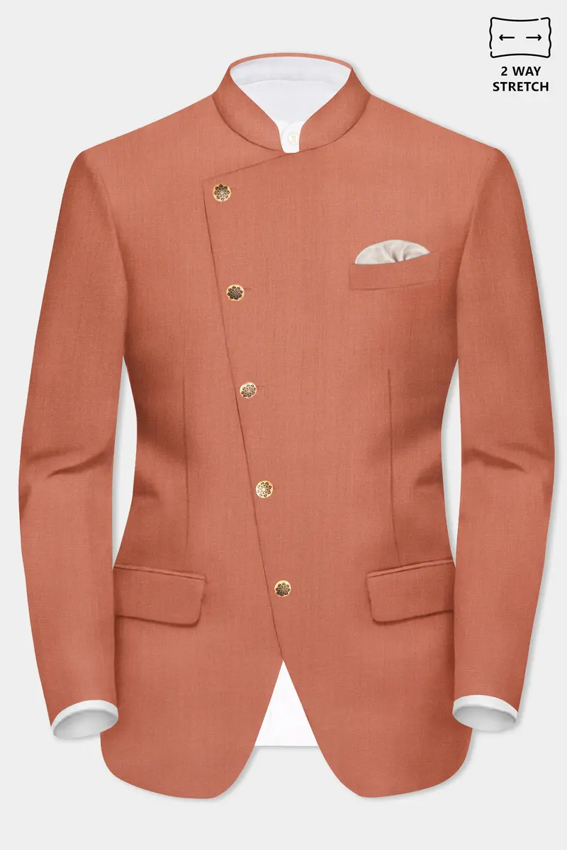 Spiced Sunset-Salmon Orange Solid Wool Rich Cross Placket Bandhgala Slight Stretch Blazer 2