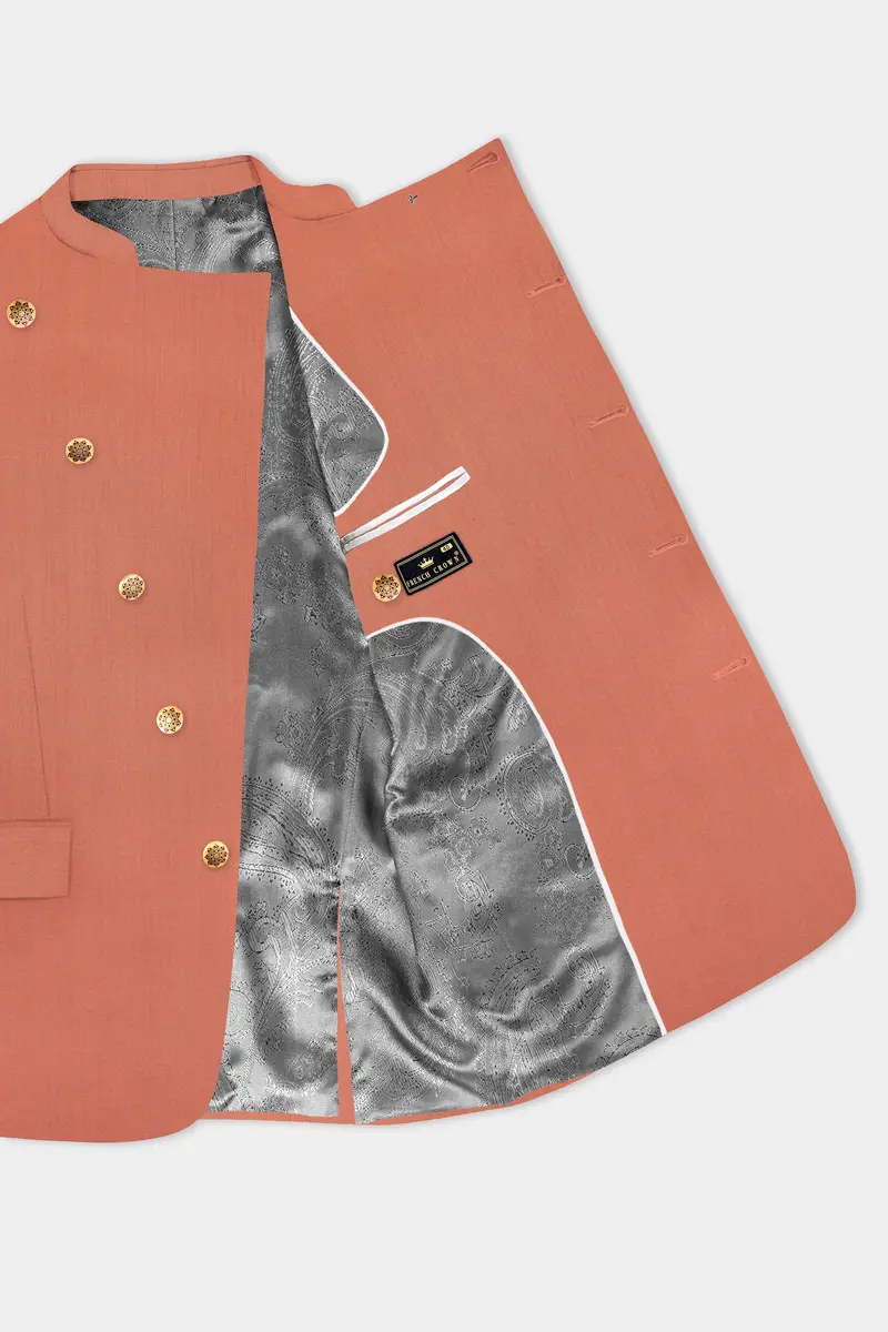 Spiced Sunset-Salmon Orange Solid Wool Rich Cross Placket Bandhgala Slight Stretch Blazer 4