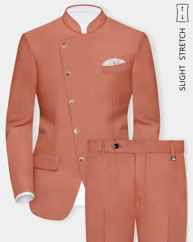 Spiced Sunset-Salmon Orange Solid Wool Rich Cross Placket Bandhgala Slight Stretch Suit 1