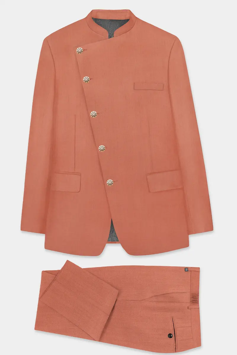 Spiced Sunset-Salmon Orange Solid Wool Rich Cross Placket Bandhgala Slight Stretch Suit 10