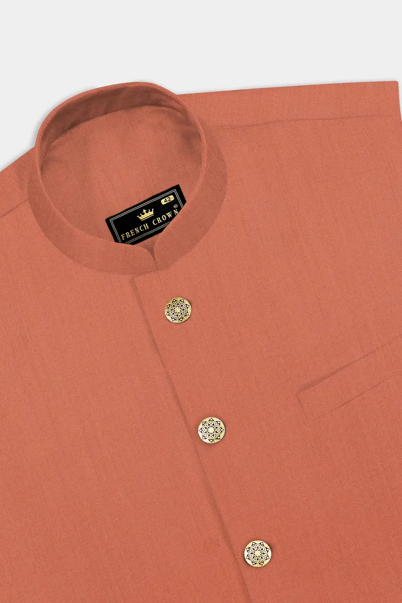 Spiced Sunset-Salmon Orange Solid Wool Rich Cross Placket Bandhgala Slight Stretch Suit 17