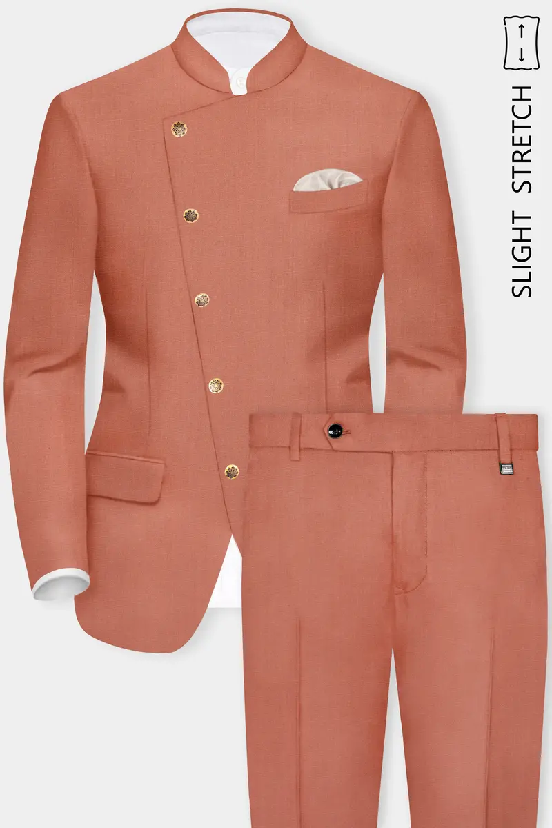 Spiced Sunset-Salmon Orange Solid Wool Rich Cross Placket Bandhgala Slight Stretch Suit 2