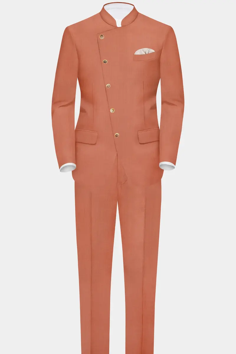 Spiced Sunset-Salmon Orange Solid Wool Rich Cross Placket Bandhgala Slight Stretch Suit 4