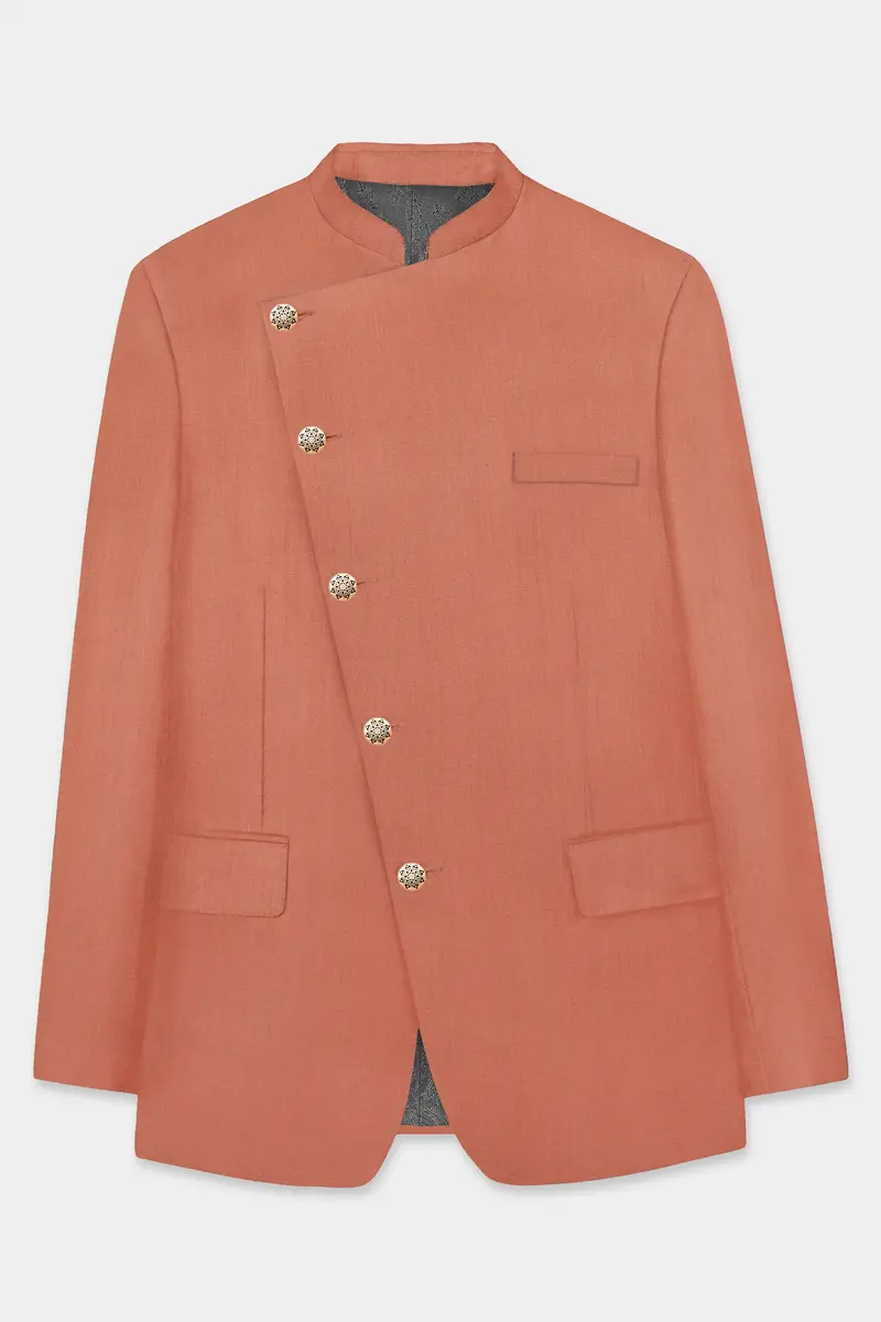 Spiced Sunset-Salmon Orange Solid Wool Rich Cross Placket Bandhgala Slight Stretch Suit 7