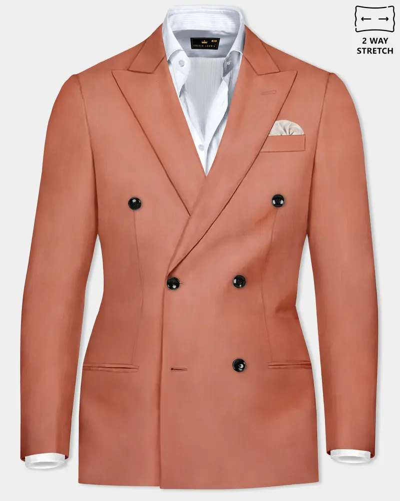 Spiced Sunset-Salmon Orange Solid Wool Rich Double Breasted Slight Stretch Blazer 1