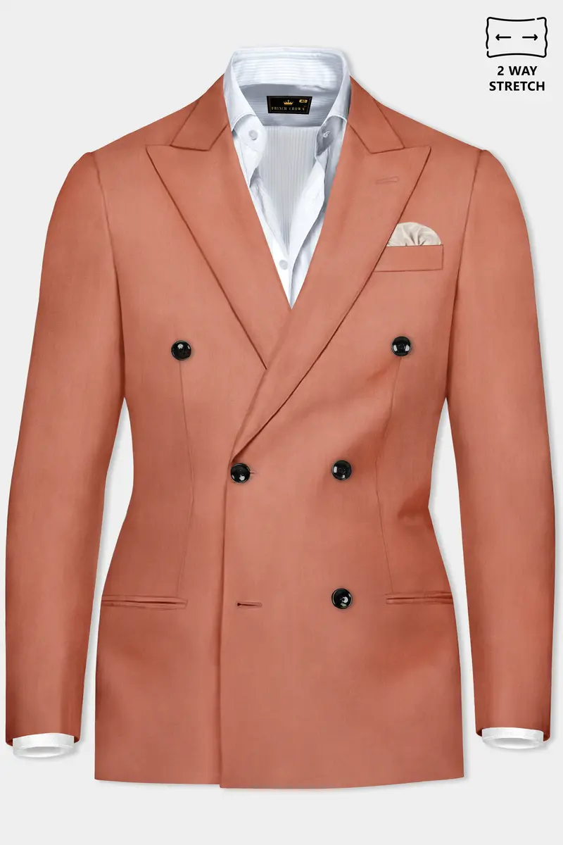 Spiced Sunset-Salmon Orange Solid Wool Rich Double Breasted Slight Stretch Blazer 2