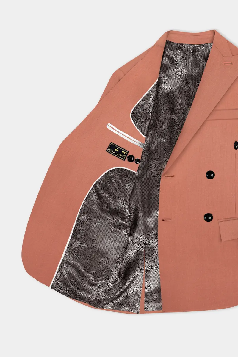 Spiced Sunset-Salmon Orange Solid Wool Rich Double Breasted Slight Stretch Blazer 4