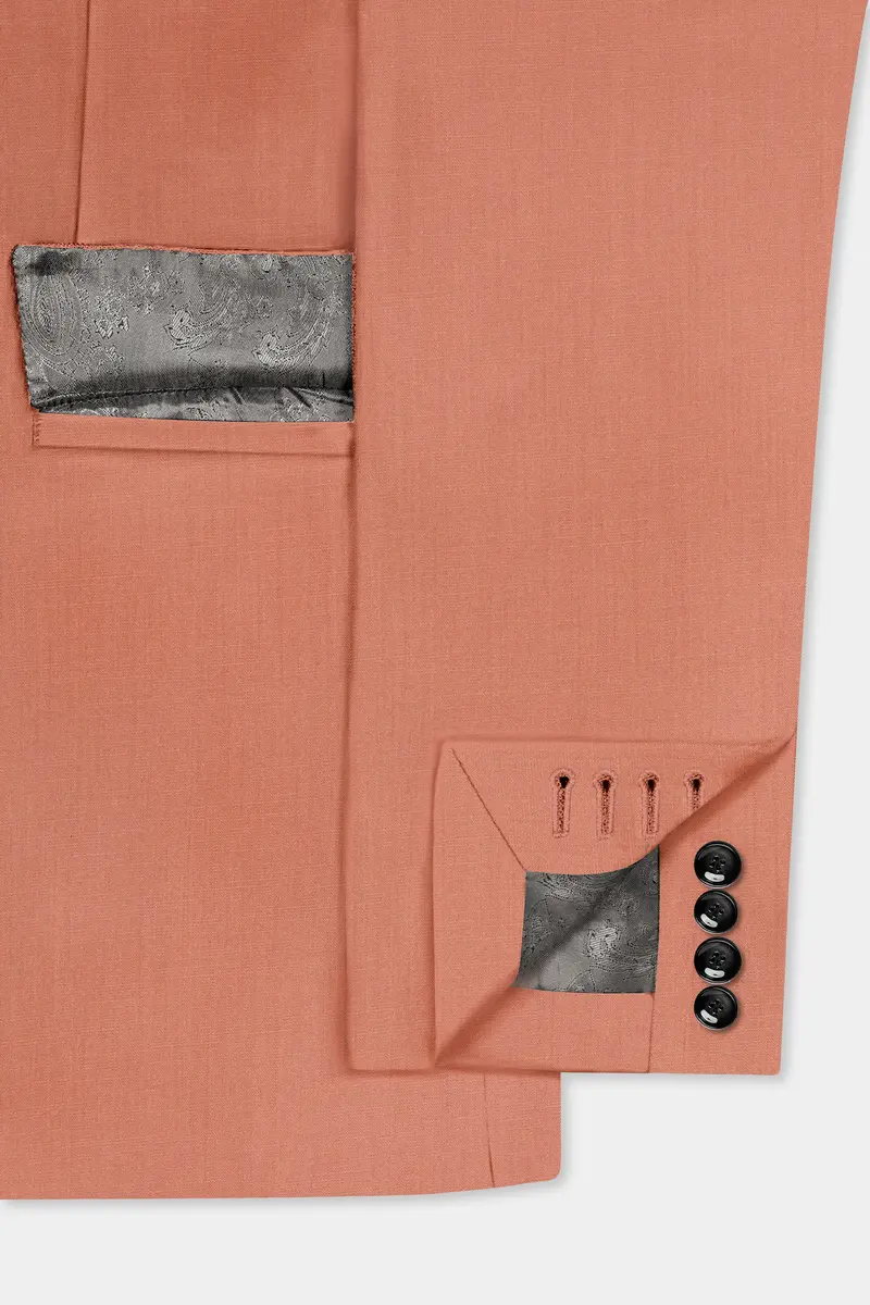 Spiced Sunset-Salmon Orange Solid Wool Rich Double Breasted Slight Stretch Blazer 6