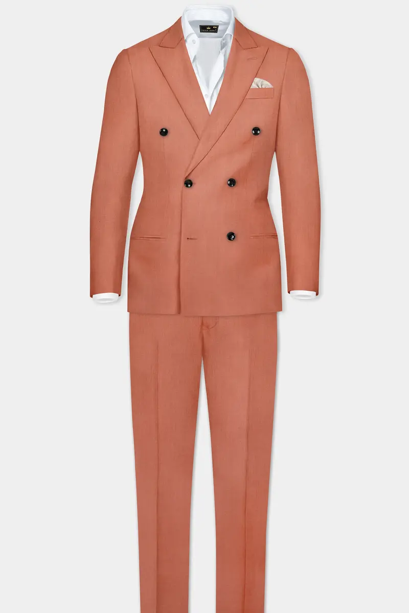 Spiced Sunset-Salmon Orange Solid Wool Rich Double Breasted Slight Stretch Blazer 9
