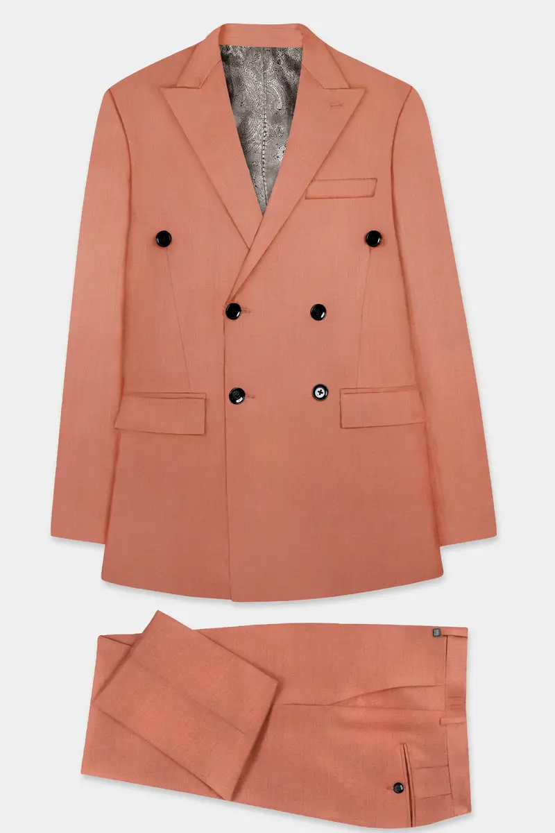 Spiced Sunset-Salmon Orange Solid Wool Rich Double Breasted Slight Stretch Suit 11