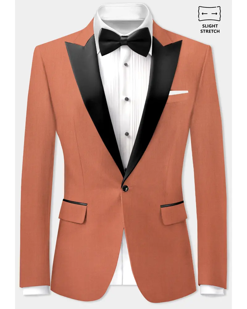 Spiced Sunset-Salmon Orange Solid Wool Rich Peak Lapel Tuxedo Slight Stretch Blazer 1