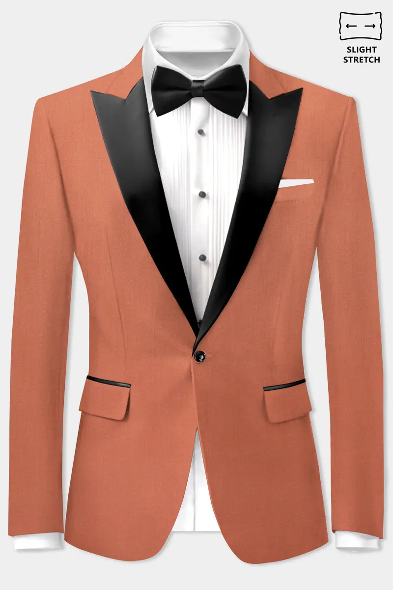 Spiced Sunset-Salmon Orange Solid Wool Rich Peak Lapel Tuxedo Slight Stretch Blazer 2