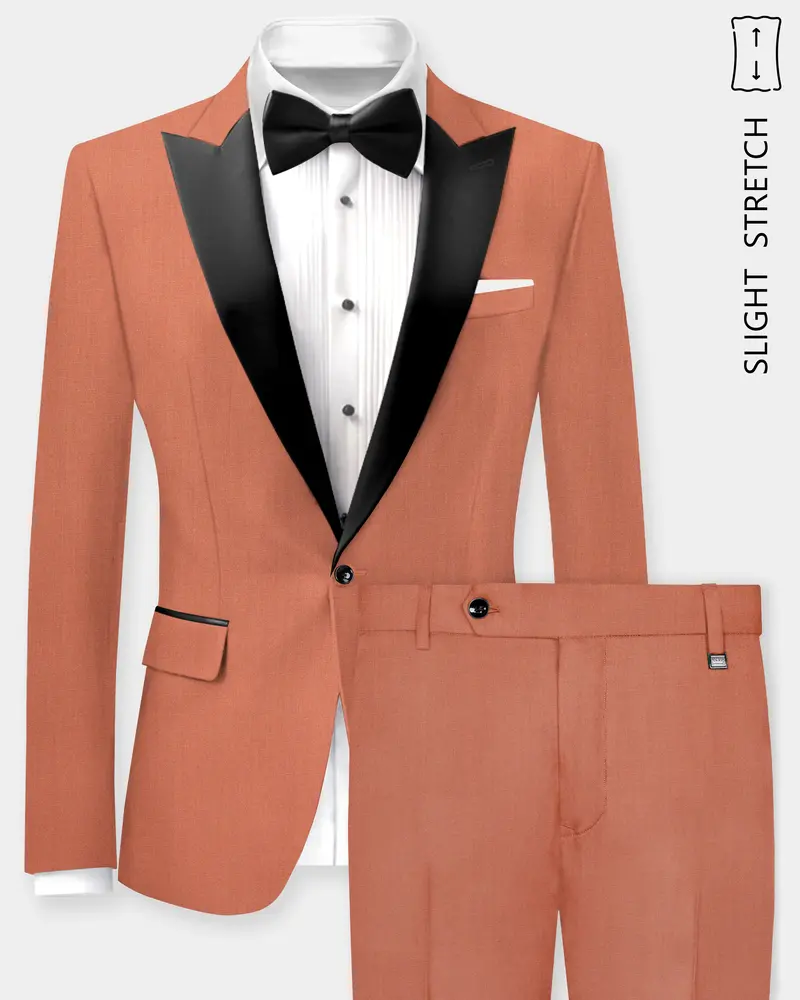 Spiced Sunset-Salmon Orange Solid Wool Rich Peak Lapel Tuxedo Slight Stretch Suit 1