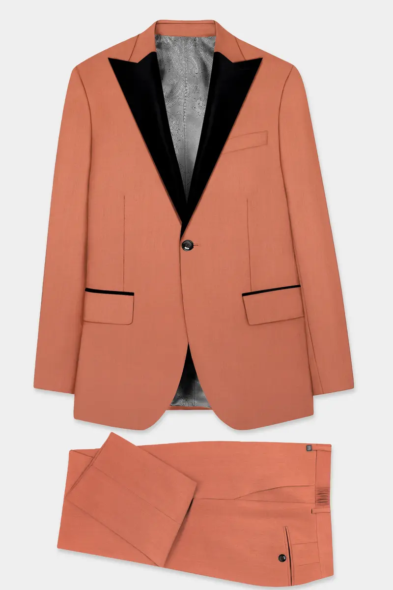Spiced Sunset-Salmon Orange Solid Wool Rich Peak Lapel Tuxedo Slight Stretch Suit 11