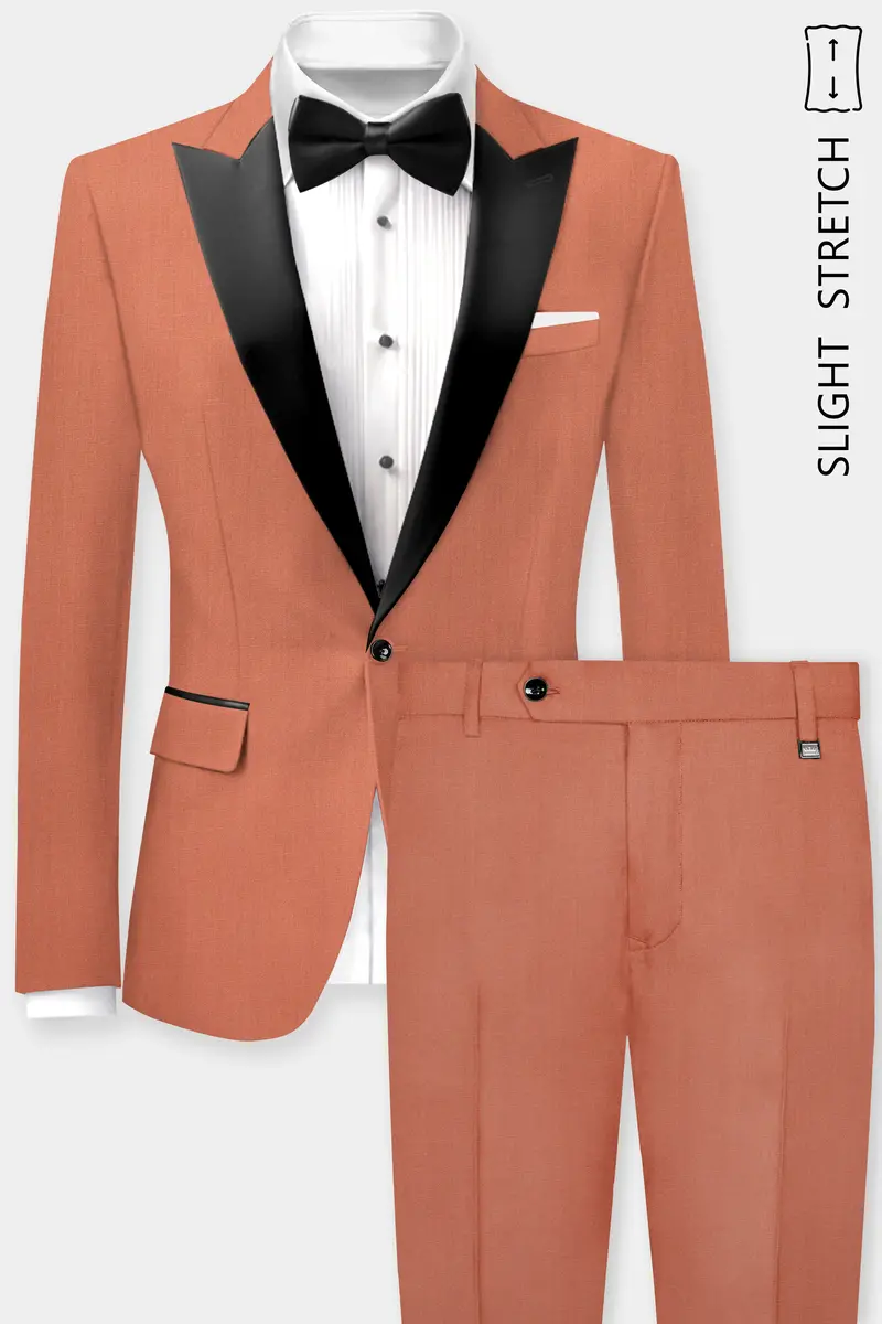 Spiced Sunset-Salmon Orange Solid Wool Rich Peak Lapel Tuxedo Slight Stretch Suit 2