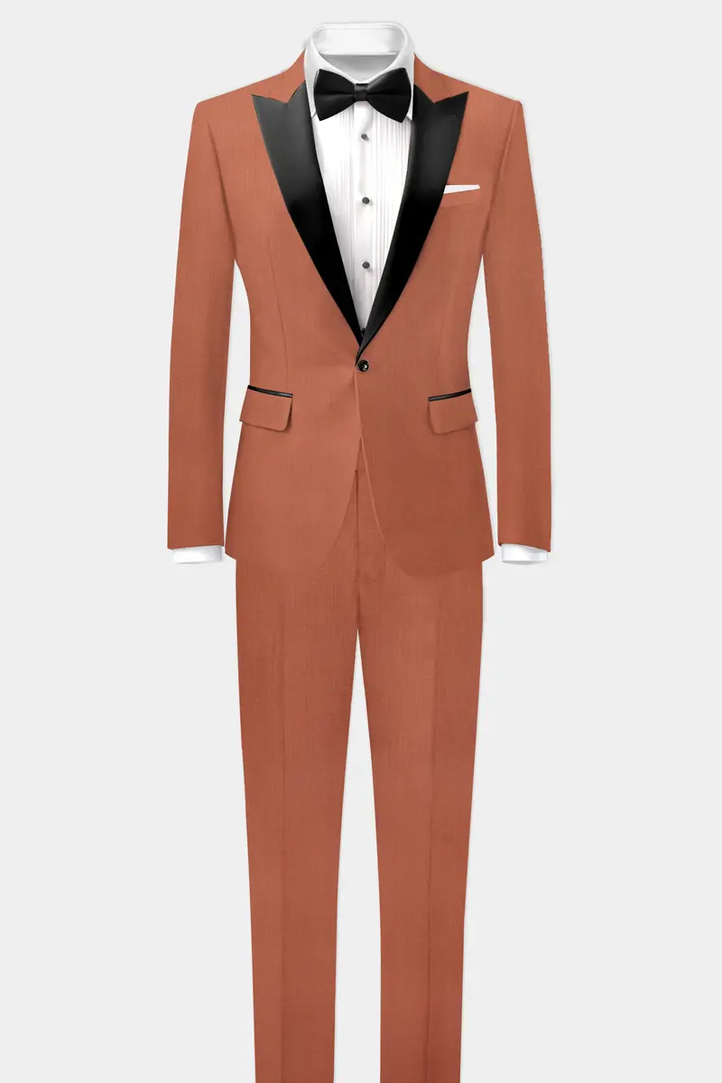 Spiced Sunset-Salmon Orange Solid Wool Rich Peak Lapel Tuxedo Slight Stretch Suit 4