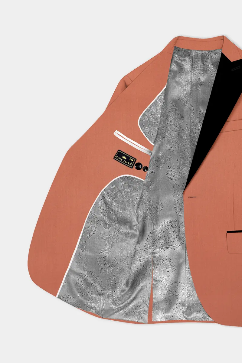Spiced Sunset-Salmon Orange Solid Wool Rich Peak Lapel Tuxedo Slight Stretch Suit 6