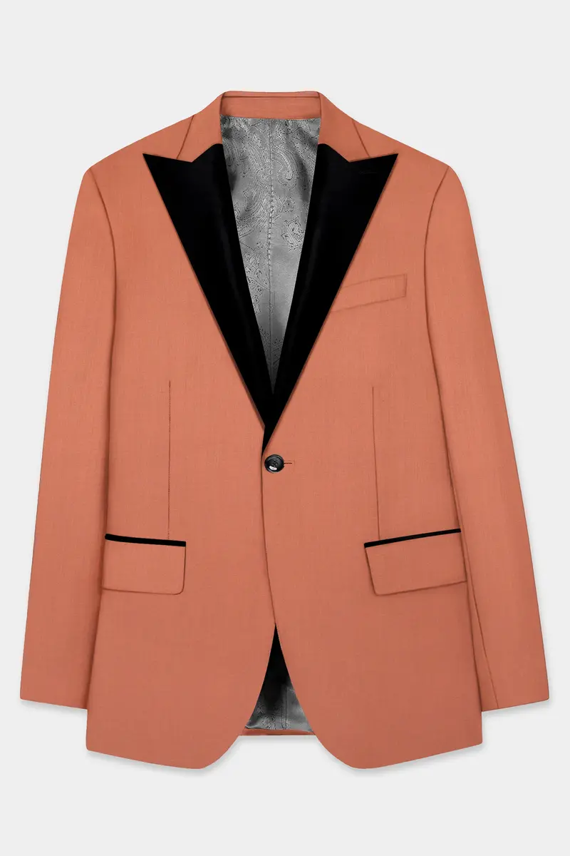 Spiced Sunset-Salmon Orange Solid Wool Rich Peak Lapel Tuxedo Slight Stretch Suit 8