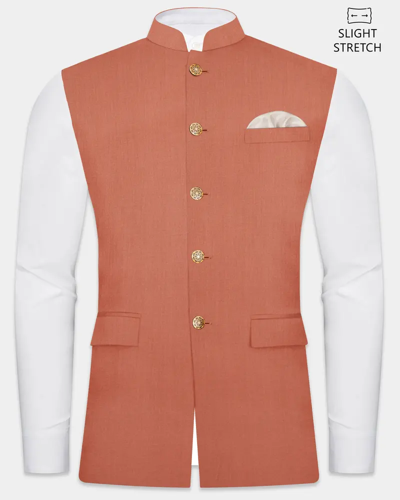 Spiced Sunset-Salmon Orange Solid Wool Rich Slight Stretch Nehru Jacket 1