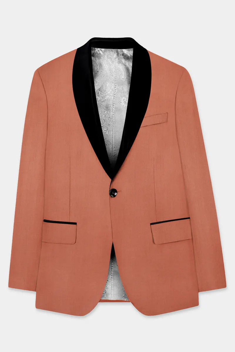 Spiced Sunset-Salmon Orange Solid Wool Rich Tuxedo Slight Stretch Blazer 7