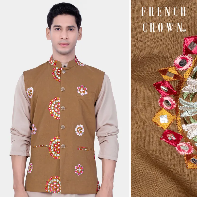 Spicy Mix Brown With Shisha Work Embroidered Nehru Jacket 1