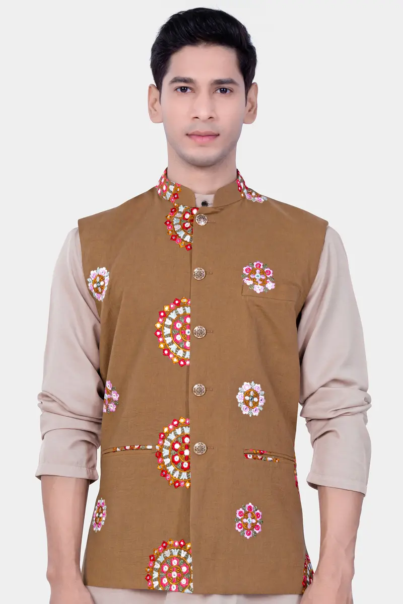 Spicy Mix Brown With Shisha Work Embroidered Nehru Jacket 2