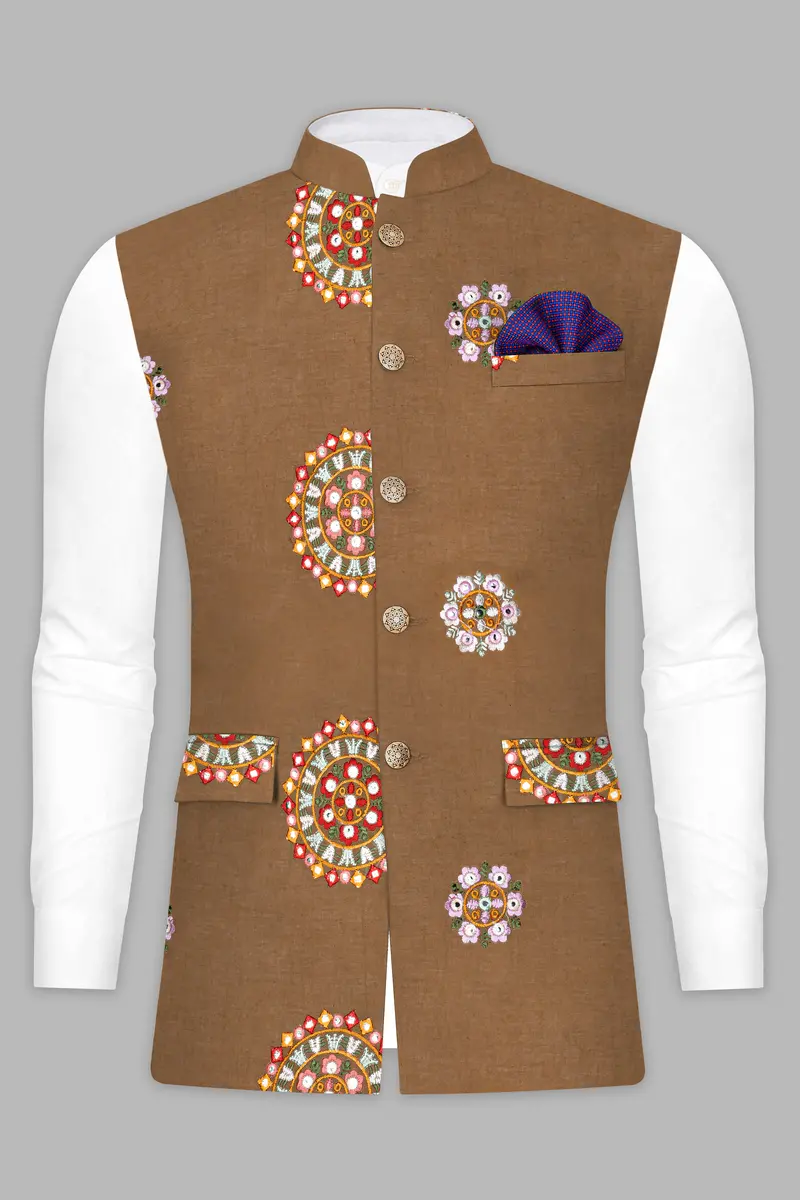 Spicy Mix Brown With Shisha Work Embroidered Nehru Jacket 8
