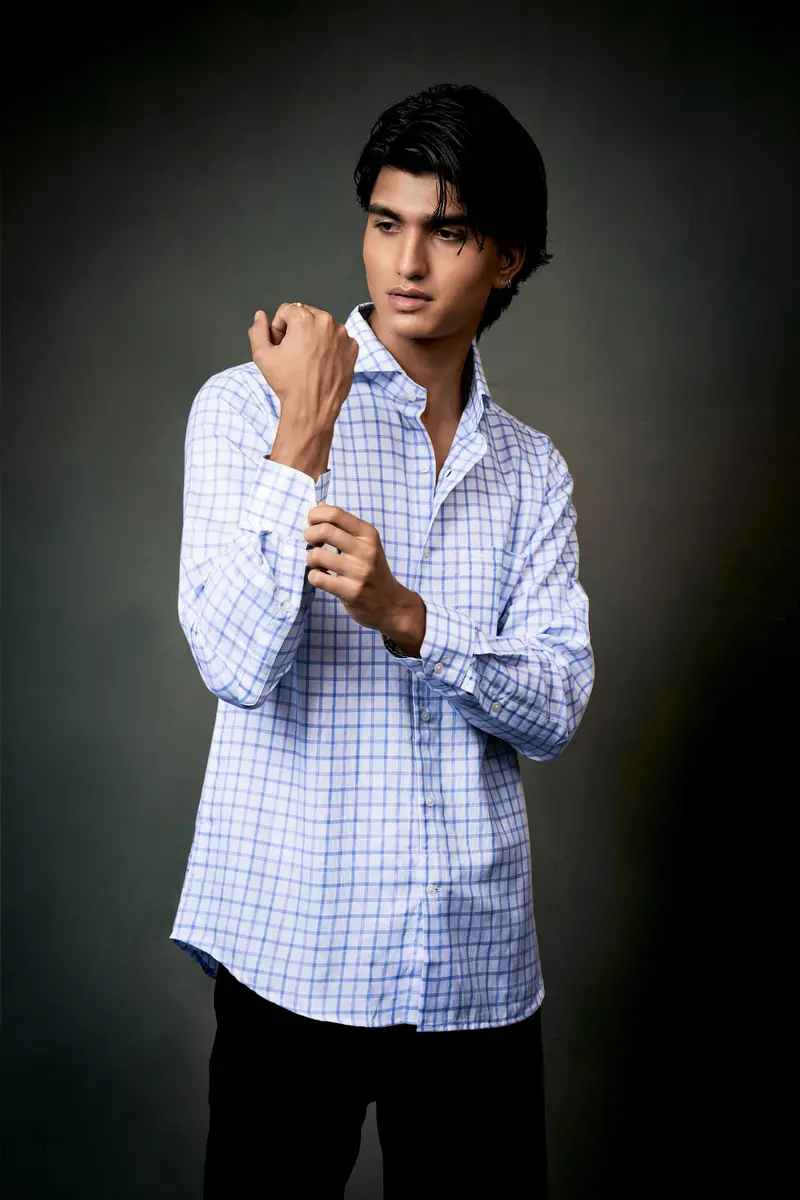 Spindle Blue And Bright White Plaid Twill Premium Cotton Shirt 11