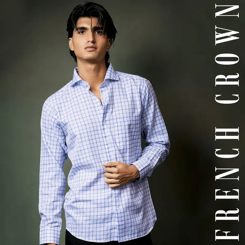 Spindle Blue And Bright White Plaid Twill Premium Cotton Shirt 13