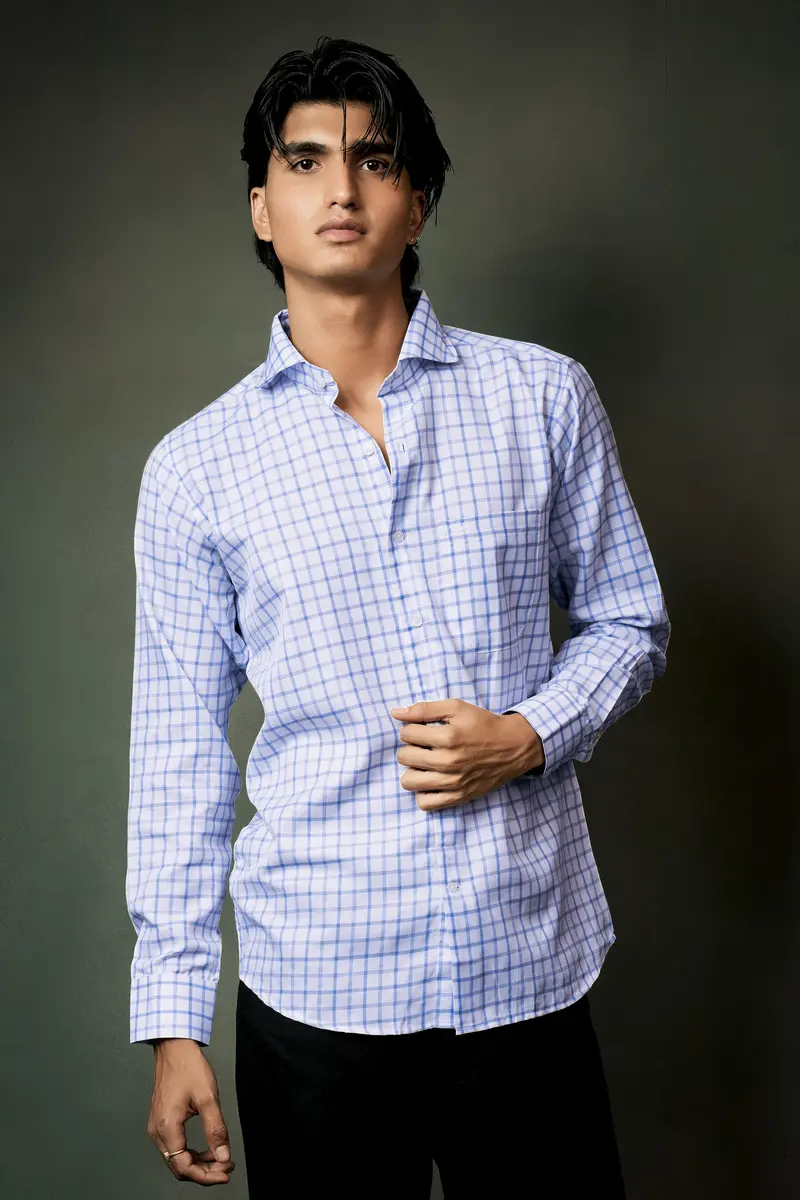 Spindle Blue And Bright White Plaid Twill Premium Cotton Shirt 7