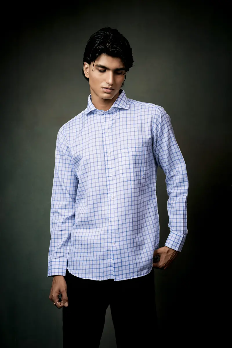 Spindle Blue And Bright White Plaid Twill Premium Cotton Shirt 9