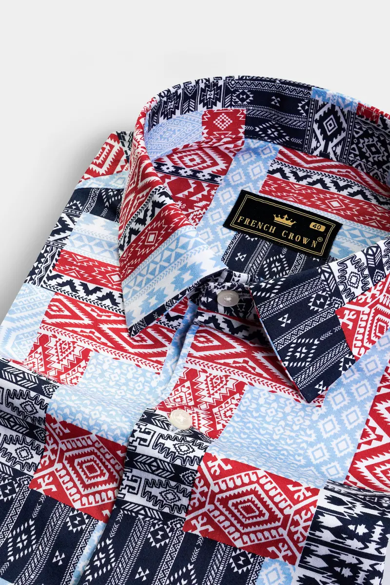 Spindle Blue And Stiletto Red Printed Subtle Sheen Super Soft Premium Cotton Shirt 1