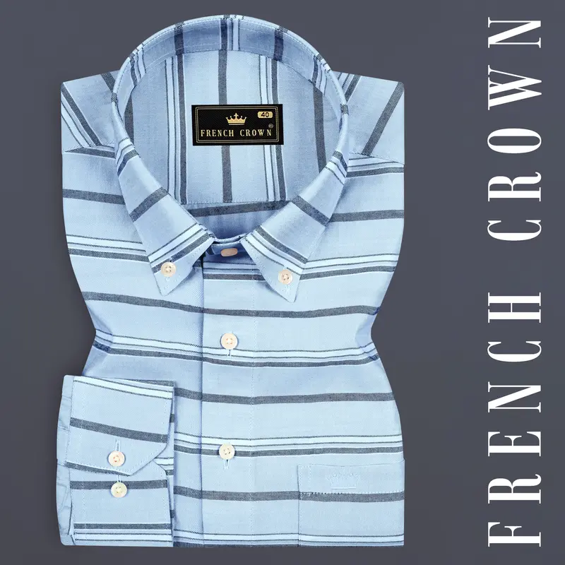 Spindle Blue Horizontal Double Striped Royal Oxford Shirt 7