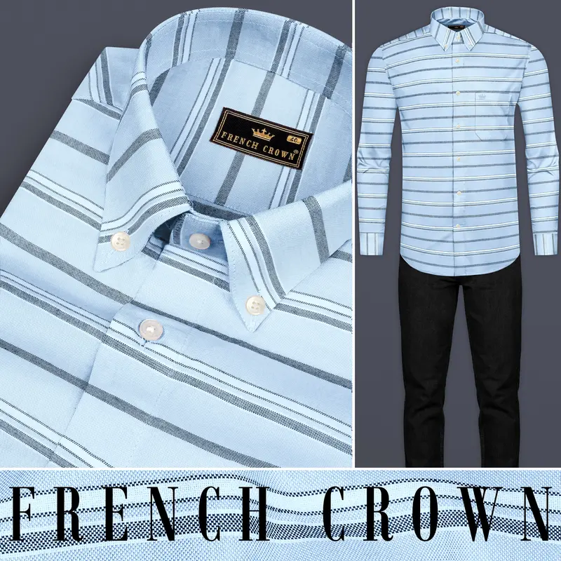 Spindle Blue Horizontal Double Striped Royal Oxford Shirt 9