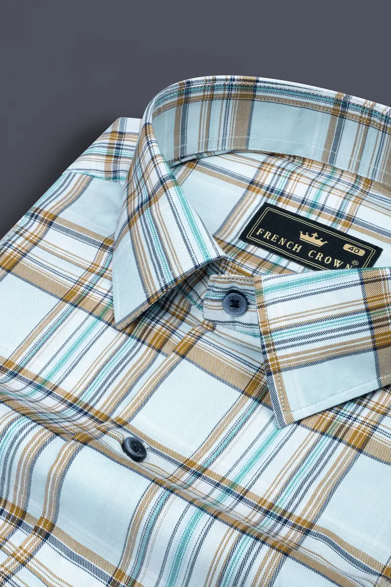 Spindle Blue Shadow Brown Plaid Twill Premium Cotton Shirt 1