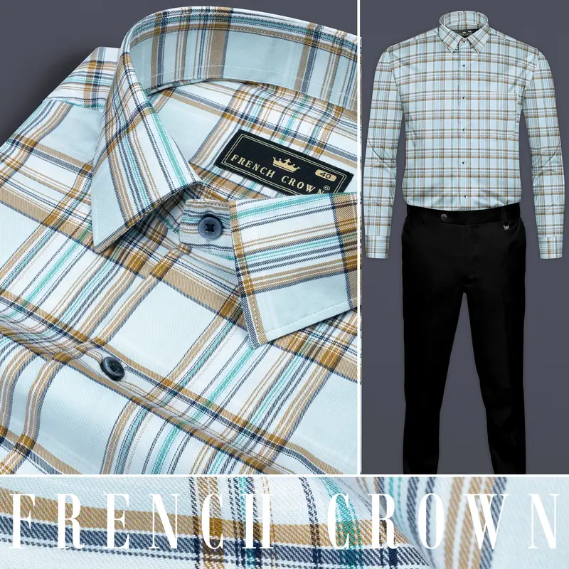 Spindle Blue Shadow Brown Plaid Twill Premium Cotton Shirt 10