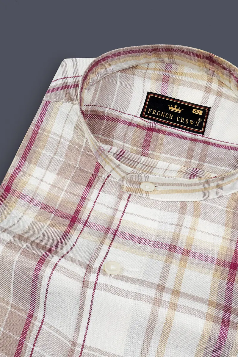 Spring Cream And Raspberry Pink Checked Super Soft Tencel Shirt 1