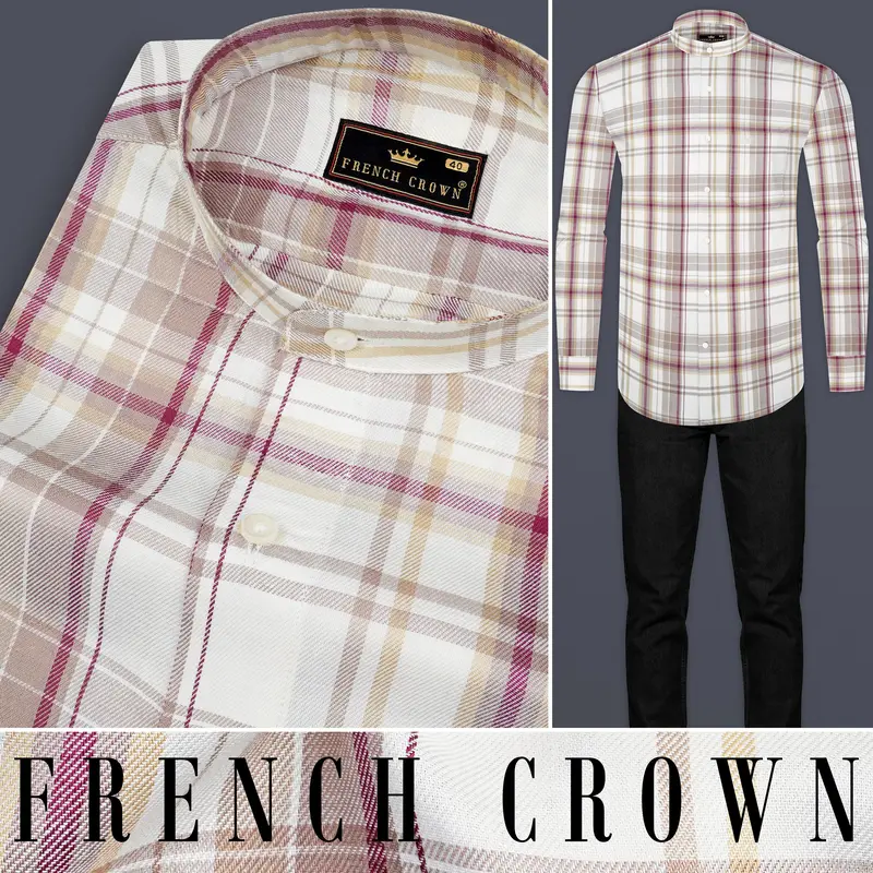 Spring Cream And Raspberry Pink Checked Super Soft Tencel Shirt 10