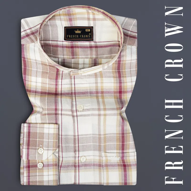 Spring Cream And Raspberry Pink Checked Super Soft Tencel Shirt 7