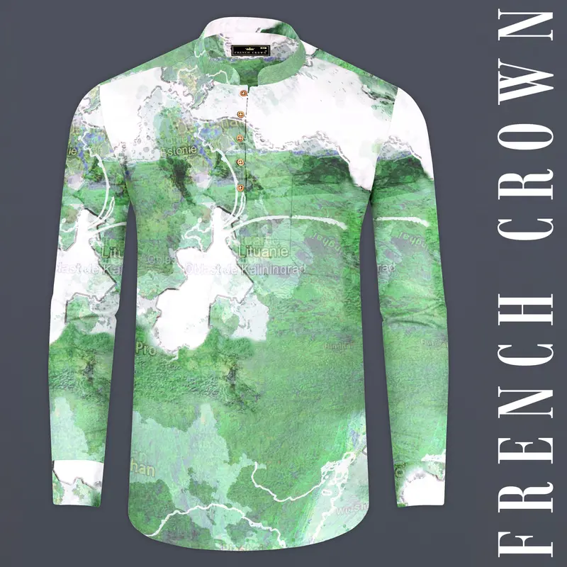 Spring Leaves And Bright White Map Printed Designed Premium Cotton Kurta Shirt 1