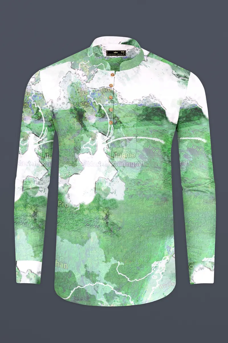 Spring Leaves And Bright White Map Printed Designed Premium Cotton Kurta Shirt 2