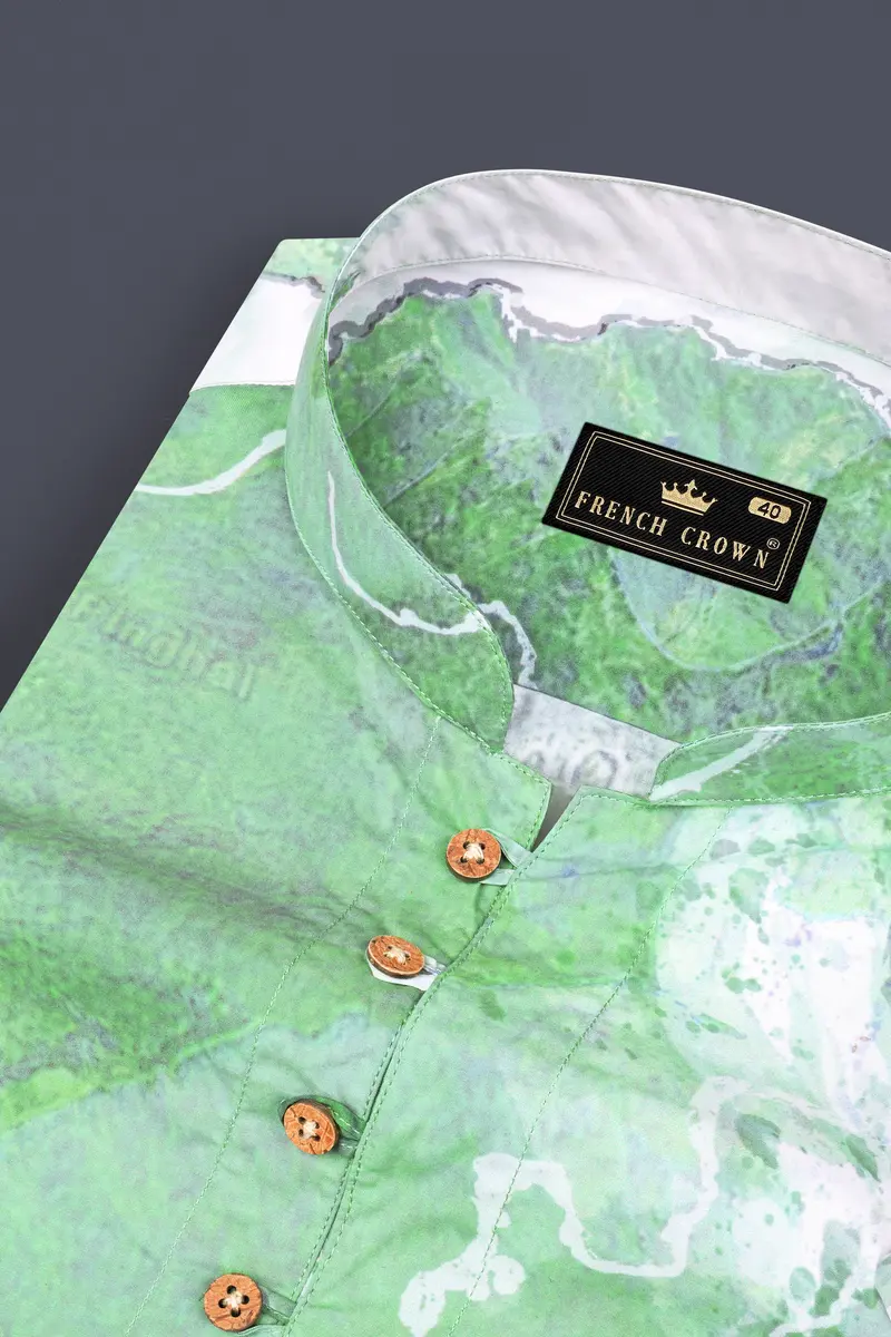 Spring Leaves And Bright White Map Printed Designed Premium Cotton Kurta Shirt 4