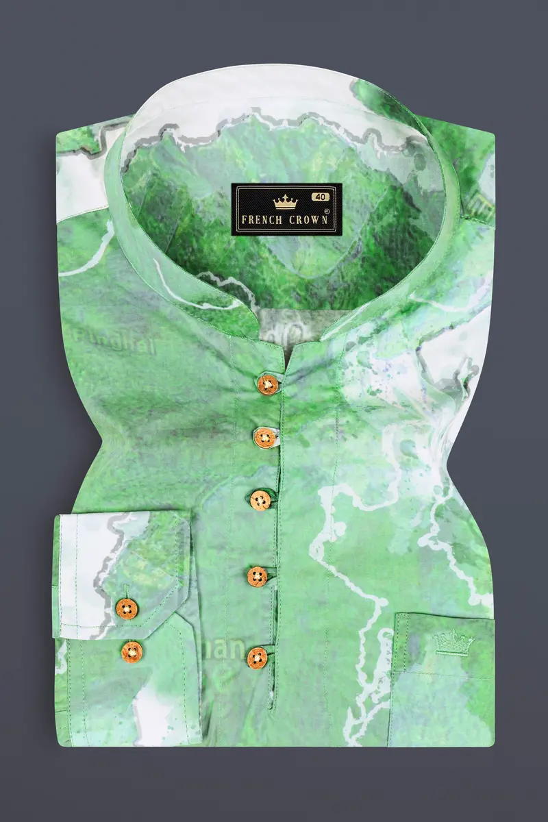 Spring Leaves And Bright White Map Printed Designed Premium Cotton Kurta Shirt 5