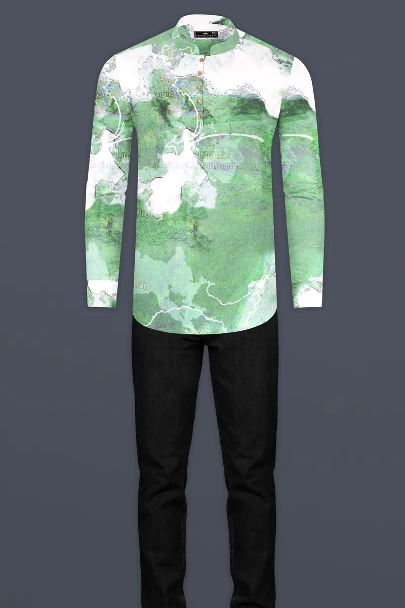 Spring Leaves And Bright White Map Printed Designed Premium Cotton Kurta Shirt 7
