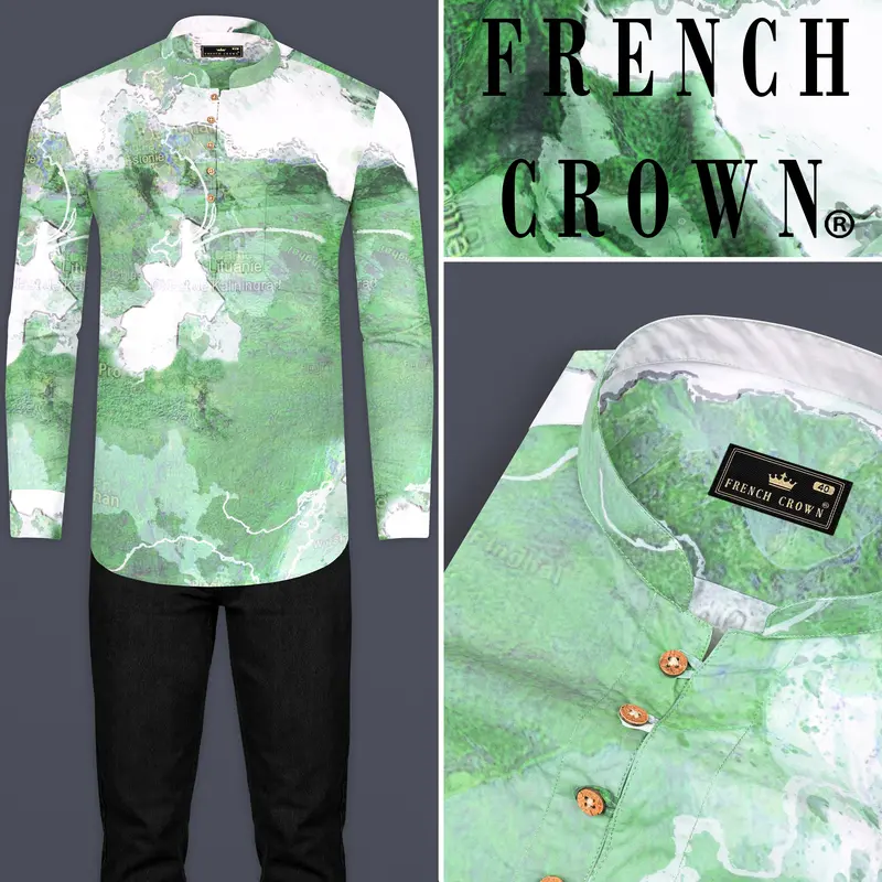 Spring Leaves And Bright White Map Printed Designed Premium Cotton Kurta Shirt 8