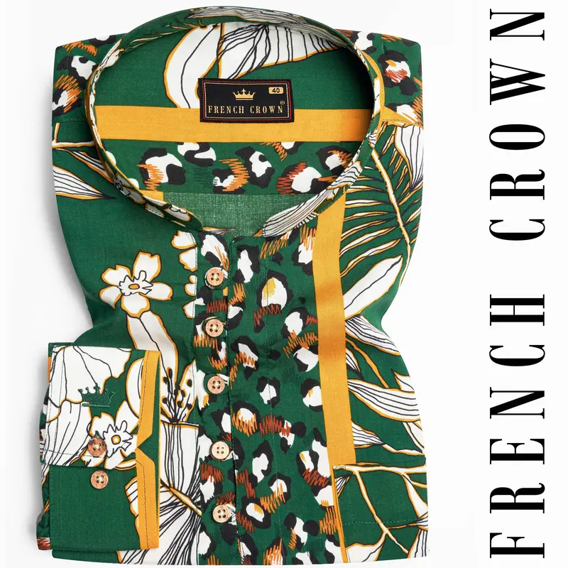 Spruce Green And White Floral Printed Premium Tencel Kurta Shirt 1